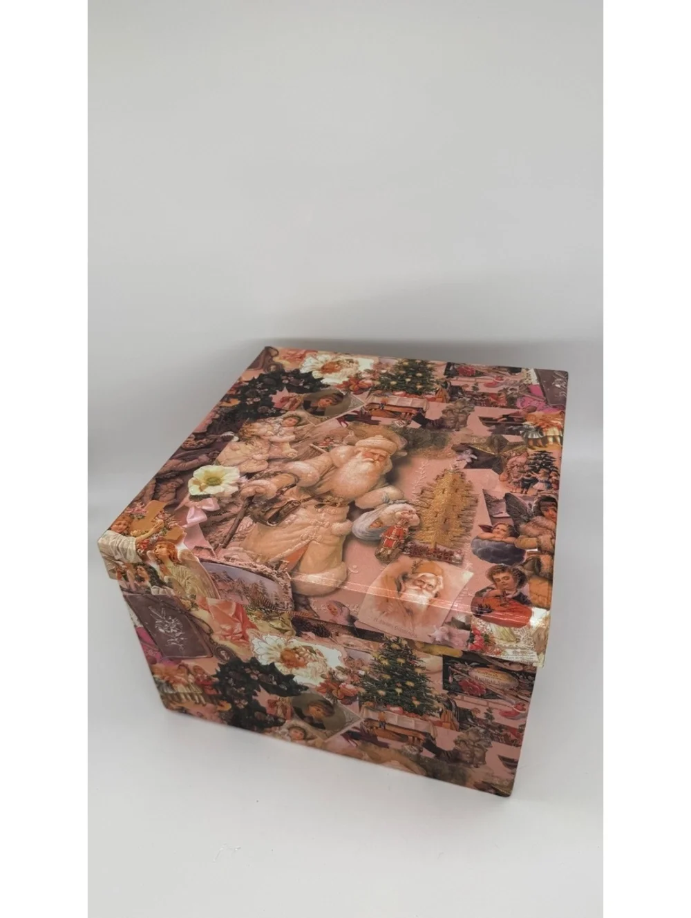 Vintage Christmas Decoupage Storage Box Santa Angels Collage 10.5”